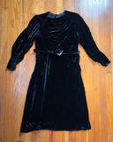 Vintage 30s Art Deco Black Velvet Dress with Belt