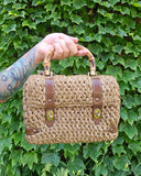 Vintage 60s Brown Straw Bag with Bamboo Handle