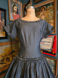 Vintage 50s Blue gray formal dress with velvet trim