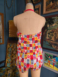 Vintage 50s Red Yellow Blue Color Block Swimsuit