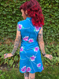 Vintage 70s Blue Hawaiian Dress with Purple Orchids