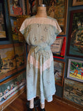 Vintage 40s blue floral and white lace cotton day dress