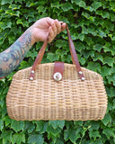 Vintage 50s Leather Handle Wicker Basket Handbag