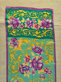 Vintage 70s Purple Teal Ornate Floral Silk Scarf