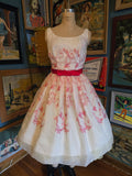 Vintage 50s white and red embroidered party dress