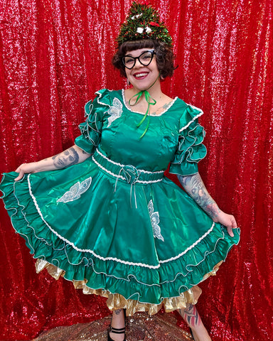 Vintage 80s Green Butterfly Square Dancing Dress