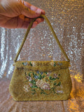 Vintage 60s Gold Beaded Bag with pink Roses