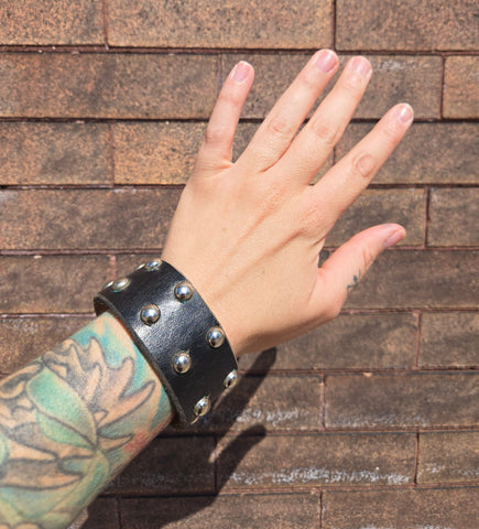Unforgiven Recycled black leather cuff with silver round studs