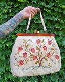 Vintage 60s Lucite Handle Floral Embroidered Bag