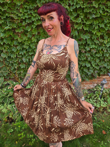 Vintage 1950s Brown Hawaiian Dress with Pineapples