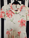 Vintage 40s white and pink lily drop waist day dress
