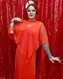 Vintage 70s Burnt Orange Chiffon Dress with Cape