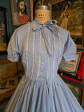 Vintage 50s Blue and white lace trim dress with bow