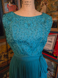 Vintage 60s Teal Ribbon Bodice Formal Dress