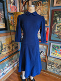 Vintage 40s navy blue wool 3/4 long sleeve dress