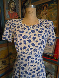 Vintage 40s white & blue floral rayon dress with ruffles