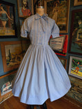 Vintage 50s Blue and white lace trim dress with bow