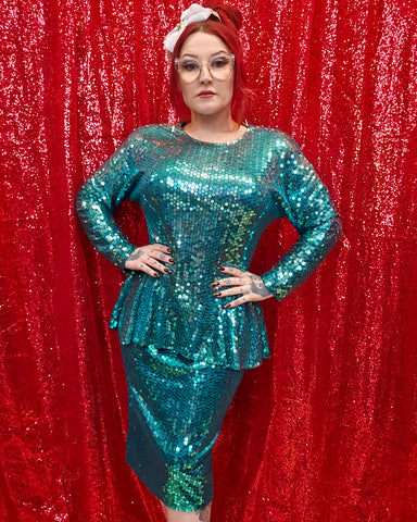 Vintage 80s Teal Sequin Peplum Dress
