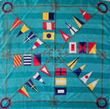 Vintage 80s Teal Boat Flags Nautical Square Scarf