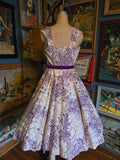 Vintage 50s white & purple floral Rhinestone dress