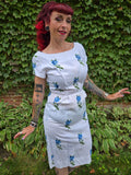 Vintage 60s White Wiggle Dress with Blue Roses