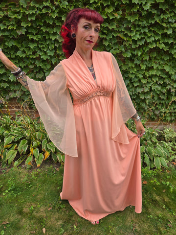 Vintage 70s Orange Angel Sleeve Maxi Dress