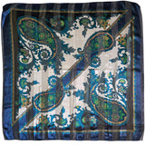 Vintage 80s blue and green paisley square scarf