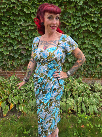 Vintage Dorothy O'Hara blue brown floral dress
