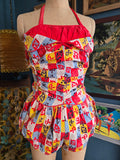Vintage 50s Red Yellow Blue Color Block Swimsuit