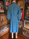 Vintage 40s teal rayon long bishop sleeve dress