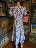 Vintage 40s white & blue floral rayon dress with ruffles