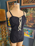 Vintage 50s Black Swimsuit with White Lace Ruffle
