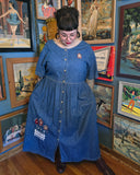Vintage 90s Embroidered Bird House Denim Dress