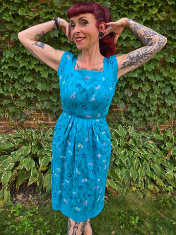 Vintage Blue linen dress with abstract flowers