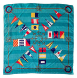 Vintage 80s Teal Boat Flags Nautical Square Scarf