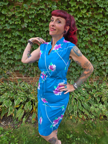 Vintage 70s Blue Hawaiian Dress with Purple Orchids