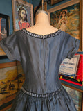 Vintage 50s Blue gray formal dress with velvet trim