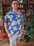 Vintage Y2K Blue and White Floral Hawaii Shirt