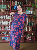 Vintage Ui Maikai Blue and Red Hibiscus Dress