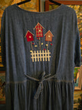 Vintage 90s Embroidered Bird House Denim Dress