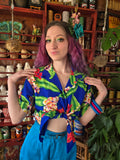 Vintage 70s Blue and Green Tie Up Hawaiian Shirt