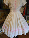 Vintage 50s white and pink lace fit and flare dress