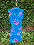 Vintage 70s Blue Hawaiian Dress with Purple Orchids