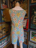 Vintage 60s Teal Floral Go Go Romper w/ Giant Collar