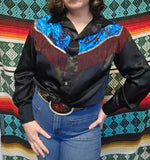 Vintage 80s Black Satin and Fringe Western Shirt