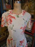 Vintage 40s white and pink lily drop waist day dress