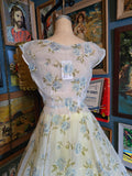 Vintage 60s Sheer white dress w/ blue flocked roses