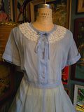 Vintage 50s Blue Sheer White Ruffle Collar Dress
