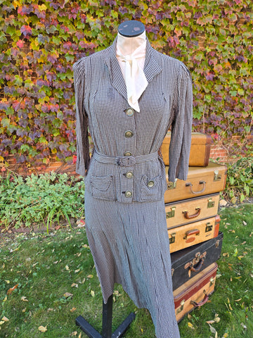 Vintage 40s Blue Gingham Jacket Skirt Set with Belt