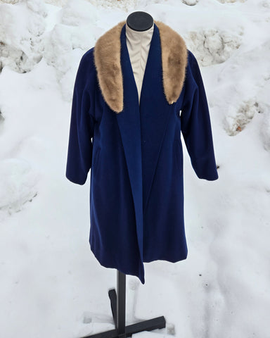 Vintage 1940s Blue Wool Crepe and Fur Scharffs Coat